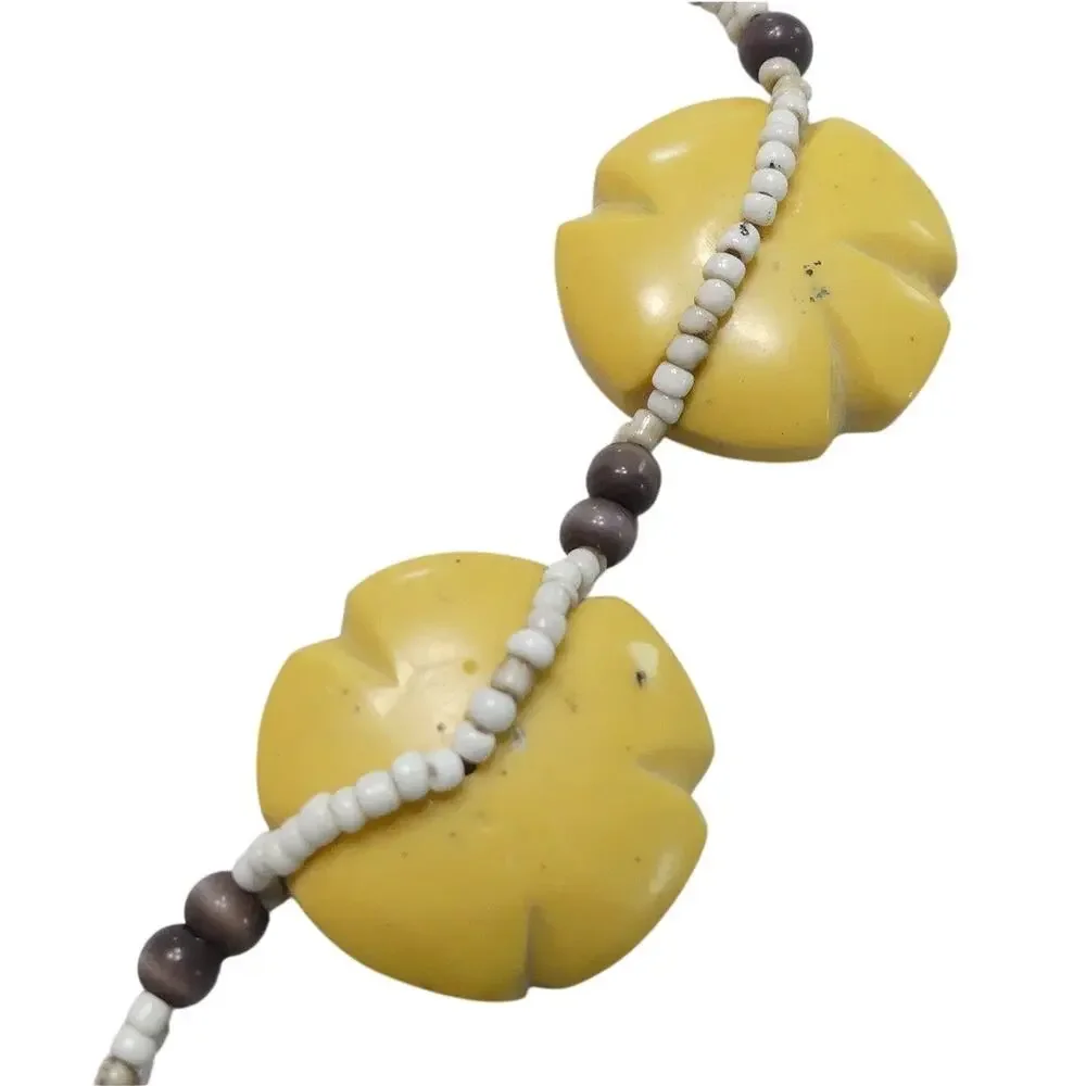 Vintage Chunky Yellow Bakelite & Seed Bead Geometric Boho Necklace